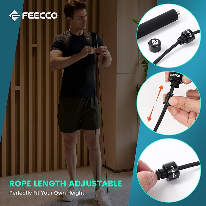FEECCO 1/2 lb Weighted Jump Rope for Boxing, Cardio, Crossfit Workout, 8~11ft Range Adjustable Length Steel Ropes with Ball Bearings and Metal Handles, Suitable for Men and Women