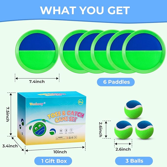 Beach Toys - Kids Toys - Outdoor Games for Kids, Toss and Catch Ball Set with 6 Paddles 3 Balls, Gifts for 3 4 5 6 7 8+ Year Old Boys Girls Christmas Birthday, Back to School Supplies