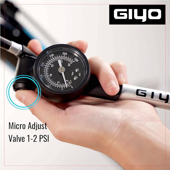 GIYO High Pressure Shock Pump (350 PSI) – Strong Lever Lock for No Air Loss, Aluminum Barrel, 1.5" Dial Gauge, Micro-Adjust Bleeder, 360° Rotating Hose, Taiwan-Made