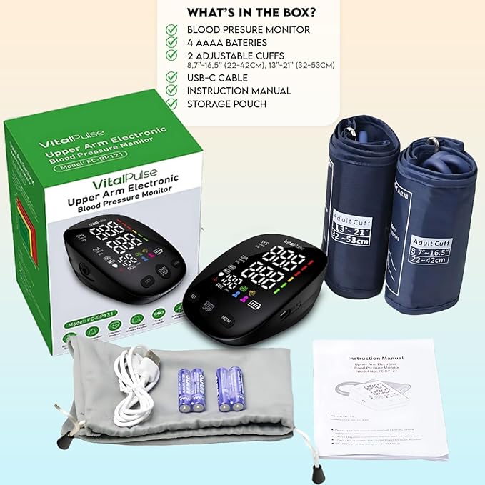 Blood Pressure Monitor - Digital BP Cuff with 8.7” - 16.5” Cuff and 13” - 21” Cuff (Set of 2), 2x120 Reading Memory - Adjustable Blood Pressure Cuff for Upper Arm with Large Backlit Display