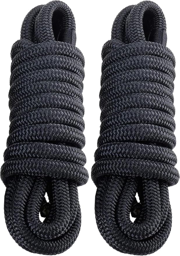 2 Pack 3/4" x 15' Dock Lines - Marine Grade Nylon Boat Rope with 15" Loop for Docking and Mooring - Double Braided Boat Lines, High Strength, Easy Handling, Fray Resistant - Black