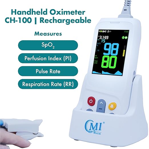 CMI Health CH-100 Handheld Pulse Oximeter - Measures Oxygen Level, Pulse Rate & Respiration Rate - Adjustable Audio & Visual Alarm - 1440 Hours of Continuous Data Storage