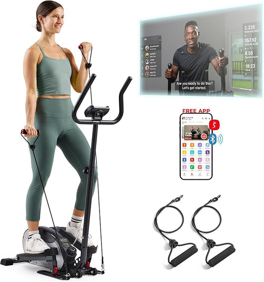 Sunny Health & Fitness 2-in-1 Sit/Stand Mini Elliptical Machine, Portable Under Desk Peddler Exerciser for Senior Home Workout, Optional Free Sunnyfit App Bluetooth Link, Handlebars or Resistance Band