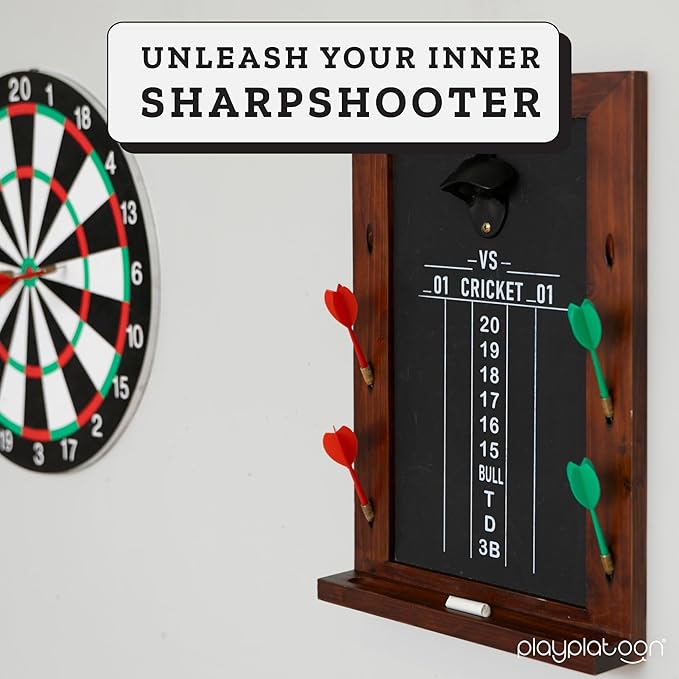 Play Platoon Dart Scoreboard & Darts Holder Wall Mount with Bottle Opener - Wood Score Board, Professional Darts Accessories, Dart Holder