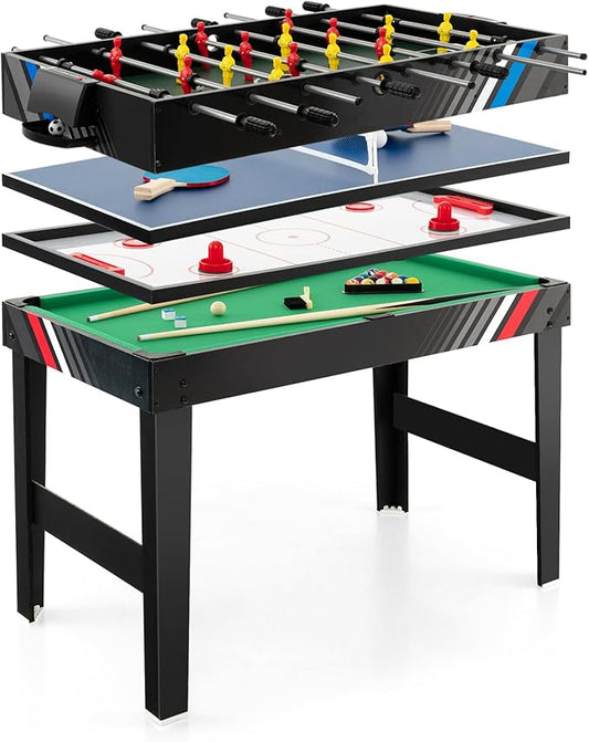 GYMAX 4 in 1 Multi Game Table, 49" Combo Game Table with Foosball Table, Pool Billiards, Air Hockey & Table Tennis for Kids Adults Family Game Room