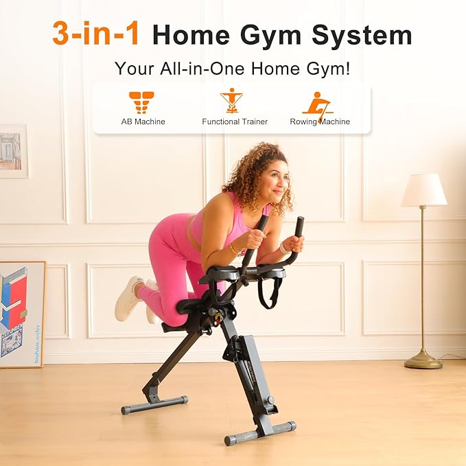 TOUSAINS 3 in 1 Rowing Machine, Ab Machine with Resistance Bands, Abdominal Trainers for Full Body Workout, Fitness Foldable Equipment Rowing Machine for Home Gym