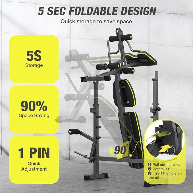 6 In 1 Weight Bench Set, 2093 LBS Foldable Bench Press with Push-Pull Bench, Adjustable Work Out Equipment for Home Gym with Squat Rack, Standard Strength Training Bench