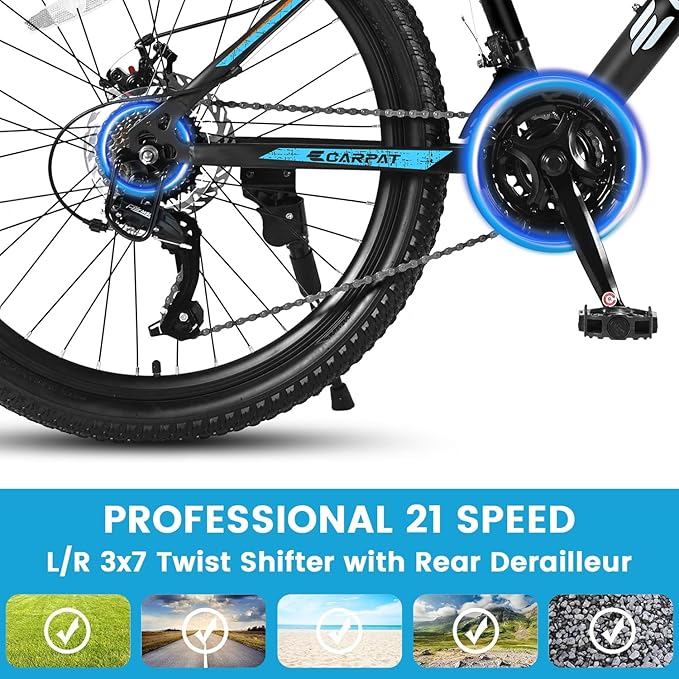 24/26 Inch Mountain Bike, 21 Speed Mountain Bicycle with High Carbon Steel Frame, Dual Disc Brakes and Front Suspension, MTB Bike for Adult Teenagers Boys Girls