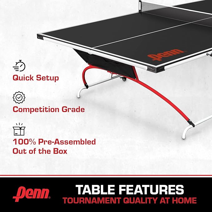 Penn Easy Setup Full Size Table Tennis Table – 100% Preassembled – Sets up in Under 5 Minutes – Play Anywhere – Compact Storage – Ping Pong Table with 2 Paddles and 2 Balls