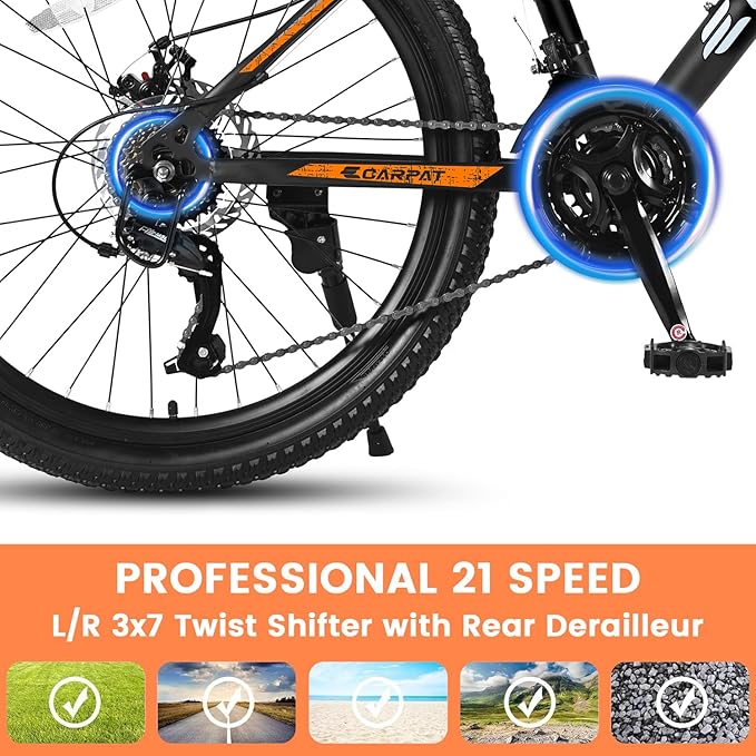 24/26 Inch Mountain Bike, 21 Speed Mountain Bicycle with High Carbon Steel Frame, Dual Disc Brakes and Front Suspension, MTB Bike for Adult Teenagers Boys Girls