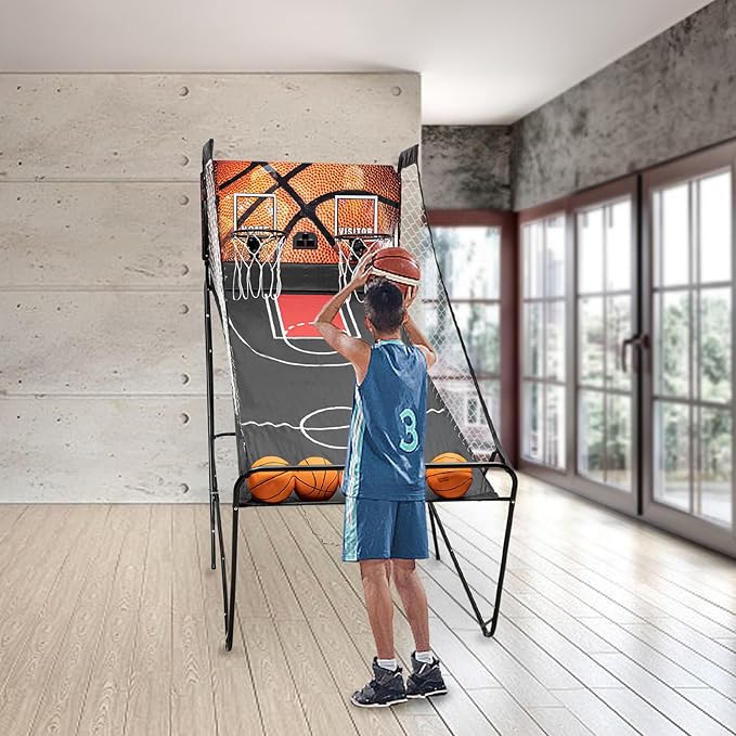 Dual Hoop Basketball Arcade Game, 8 Game Modes Foldable Shot 2Player w/ 5 Balls, Inflation Pump and LED Scoring System, Indoor Basketball for All Players, Home, Playground, Shopping Malls