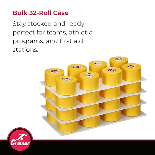 Cramer Team Color Athletic Tape, Gold, Latex-Free, 1.5" x 10yds, 32 Roll Bulk Case, Tearable Sports Tape for Wrists, Ankles, Baseball, Training, Strong Athletic Wrap for Athletes & Trainers