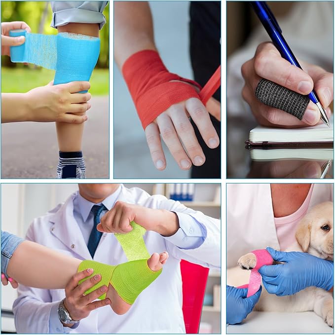 Treela 64 Pack 2" x 5 Yards Self Adhesive Cohesive Bandage Wraps, Elastic Breathable Athletic Tape, Flexible Self Adherent Bandage Rolls for Wrist, Ankle, Fingers, Sports & Pets (Multi Color)