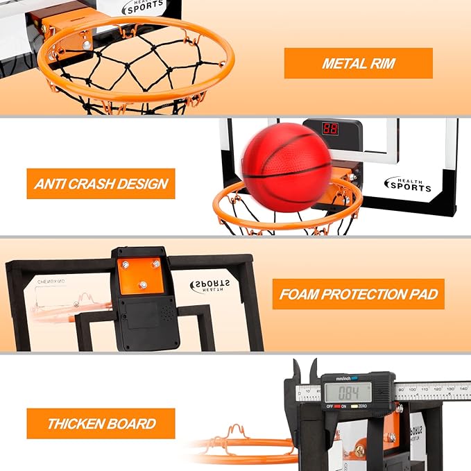 Pro Indoor Mini Basketball Hoop Set for Kids Adults, Over Door Automatic Scoring Basketball Hoop with 4 Rubber 6" Balls, Boost Wall Mount Basketball Hoops with Electronic Scoreboard Large Dunk Rim