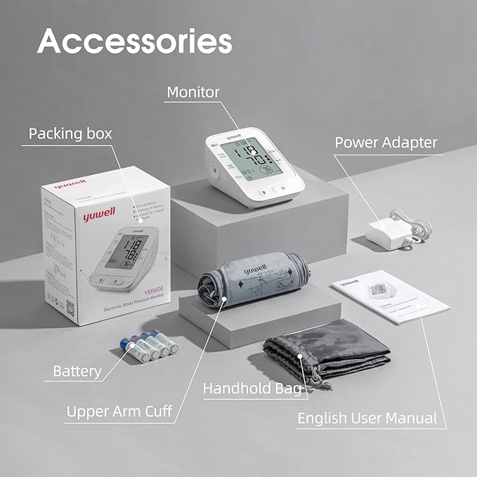 yuwell Blood Pressure Monitor for Home Use, Digital Monitors with Wide Range Arm Cuff, 99 Memories and Voice Broadcating, Batteries and AC Adapter inluded, Style 660 Series