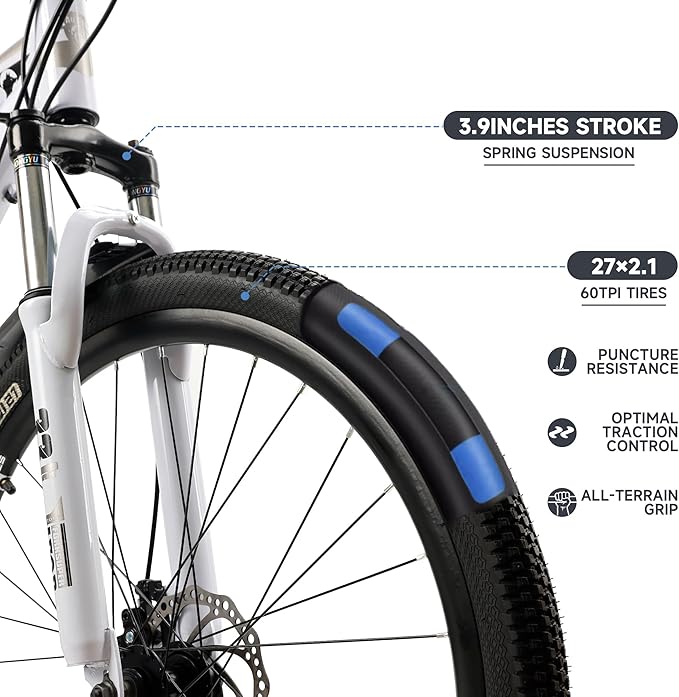 Bruce & Shark 27.5" Mountain Bike, 21-Speed Aluminum Alloy Frame, Front Suspension, Mechanical Disc Brakes, Men/Women All-Terrain Bicycle with Bike Lock & Pump