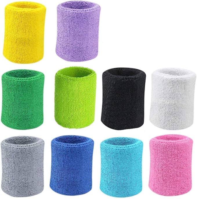 10 Pairs Sports Wristbands, Wrist Sweatbands for Men & Women, Stretchy & Sweat Absorbing Cotton Terry,Perfect for Basketball, Football, Tennis, Soccer, Running & Working Out