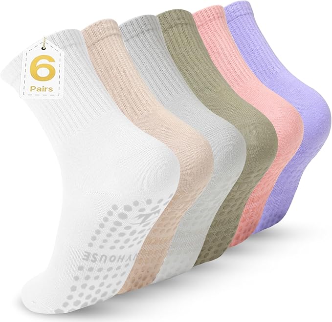 Ivyhouse Pilates Yoga Socks with Grips for Women - Crew Length Ballet Barre Socks - Sticky Workout Hospital Socks