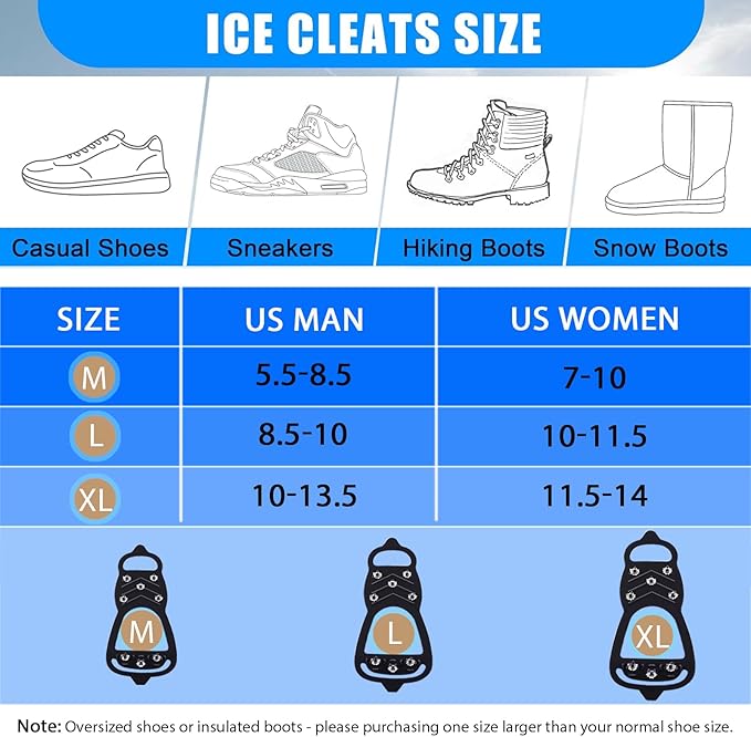 2 Pairs Ice Cleats for Shoes and Boots,Universal 8 Steel Studs Crampon Ice & Snow Grippers for Winter Hiking Climbing Ice Fishing,Anti-Slip