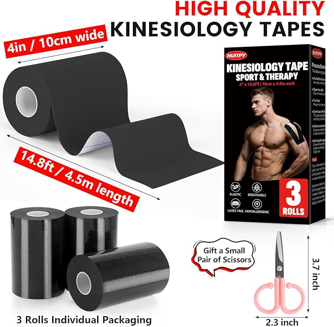 3 Rolls Kinesiology Tape, 4 inch x 14.8 Feet Waterproof Athletic Tape, Uncut Kinetic Tape, Elastic Muscle Tape, Sports Tape, Knee Tape for Exercise and Daily Use - Black