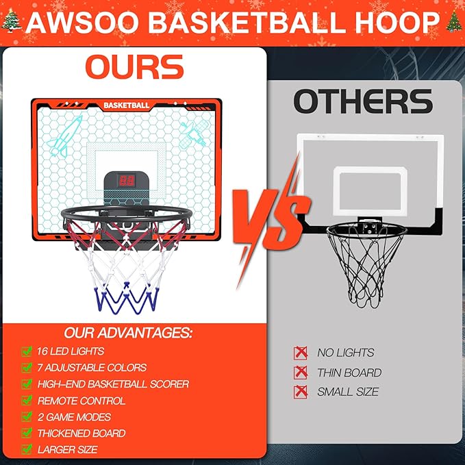 Awsoo Basketball Hoop Indoor for Kids,Mini Basketball Hoop with Colorful Light Bar,Scoreboard& 4 Basketballs, Basketball Toys Gifts for 3 4 5 6 7 8 9 10 11 12 Year Old Boys Girls (Red)