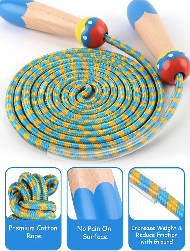 Jump Rope for Kids, Lorvain Adjustable Skipping Rope, Kids Jump Ropes with Wooden Handle for Girls Boys, Weighted Jumping Ropes for Fitness Workout Exercise Outdoor Fun Activity