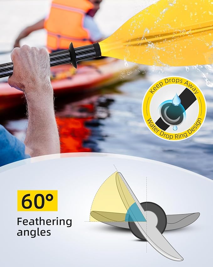 OCEANBROAD Adjustable Carbon Fiber Kayak Paddle 86in/220cm to 94in/240cm Kayaking Oar for Adults with Paddle Leash 1 Paddle