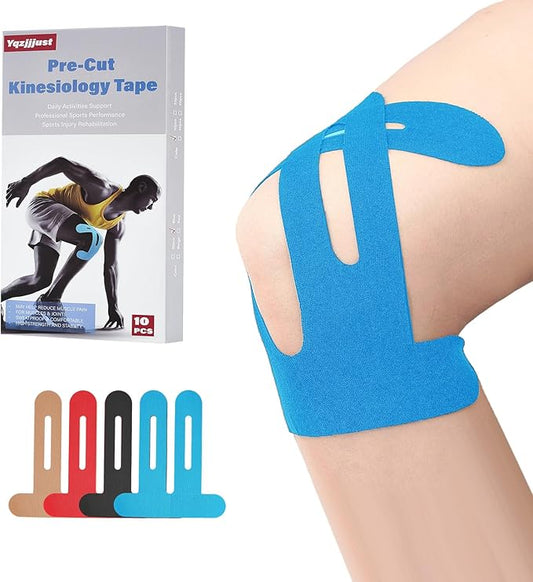 Waterproof Kinesiology Tape for Shoulders/Knees, 10 Precut Strips for Knee Pain Relief (Blue), Elastic Strong Adhesive Athletic Tape, Latex-Free Hypoallergenic Sports Tape