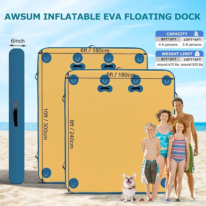 AWSUM Inflatable Floating Dock Air Dock Platform, 6ft/8ft Non-Slip Inflatable Water Mat Floating Island Raft for Lake Pool Beach Ocean