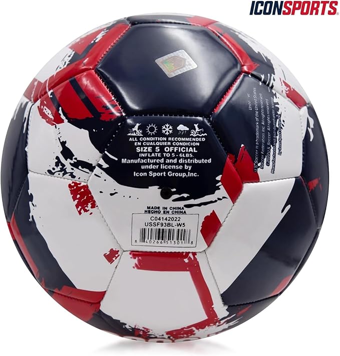 Icon Sports Officially Licensed U.S. Soccer, Size 5 Regulation Soccer Ball, Non-Toxic Patterned PVC, White Brush for Adults & Kids