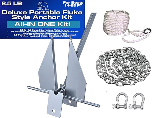 MarineNow Fluke Anchor Kit – Hot-Dip Galvanized Anchor with Chain, 98 ft Marine Rope & Shackles | Choose 5 lb (10–18 ft Boats), 8.5 lb (15–24 ft), or 13 lb (20–32 ft)