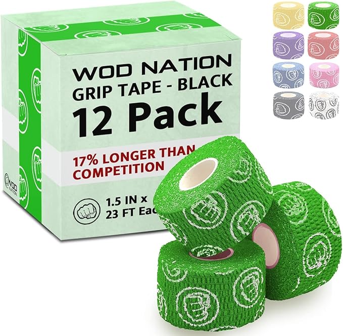 WOD Nation Flexible Hook-Grip Athletic Tape – Easy-Tear, Sweat-Proof Thumb & Finger Strips for Weightlifting