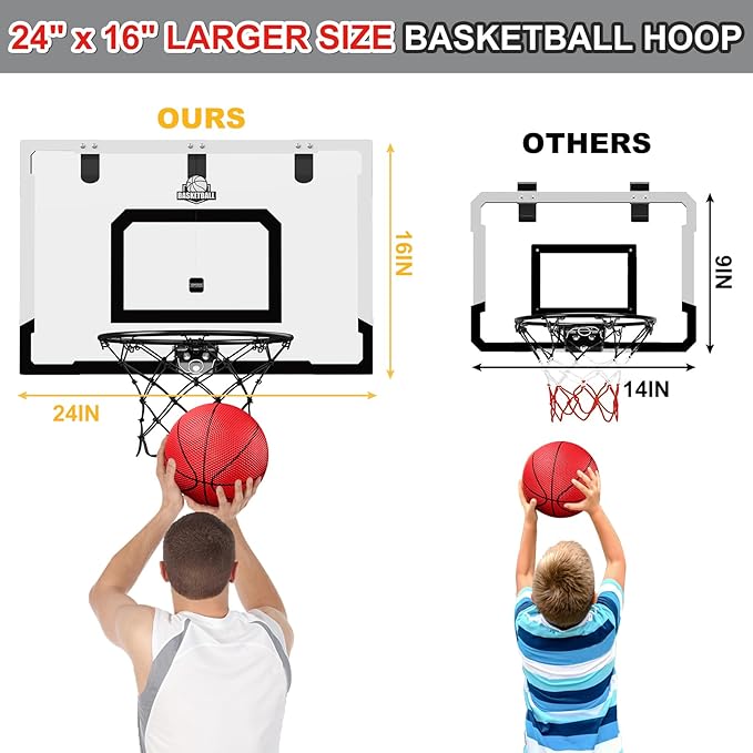 24" x 16" Large Basketball Hoop Indoor for Adults, Over The Door Basketball Hoop with Sturdy Backboard, Big Basketball Toys Gifts Ideas for Man Kids Teens Boys Girls, Black