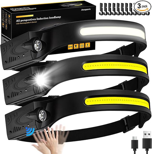 Headlamp 3PCS, 230° Wide Beam Head Lamp, Motion Sensor LED Headlamp Rechargeable, 6Mode Headlamps for Adults, Bright Head Lights for Forehead, Camping Essentials Gear (Black)