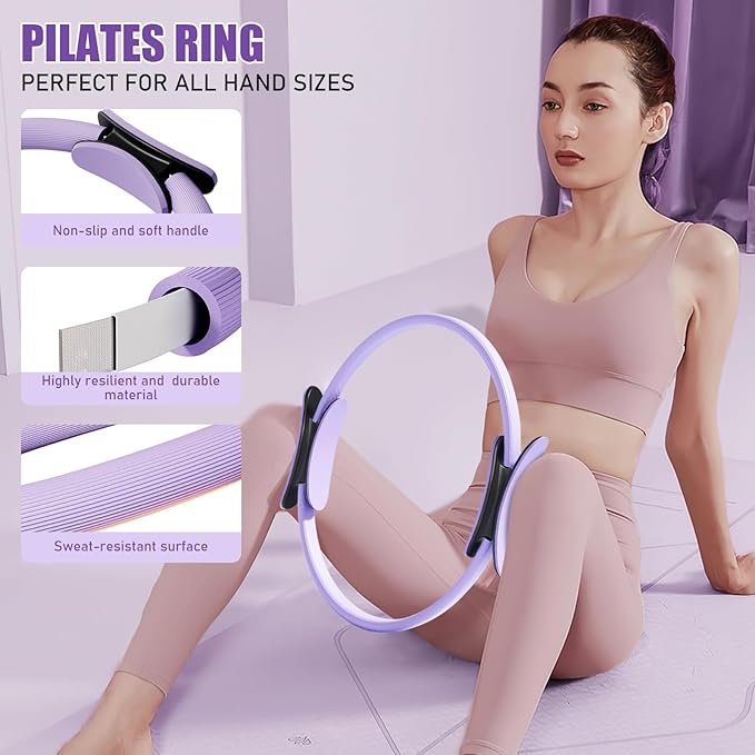 Pilates Ring Set - Home Workout Equipment Set with 12.6'' Magic Circle, 9.8'' Ball, Sliding Disks, Resistance Bands & Training Poster etc, Pilates Kit for Beginners, Fitness Gift Idea