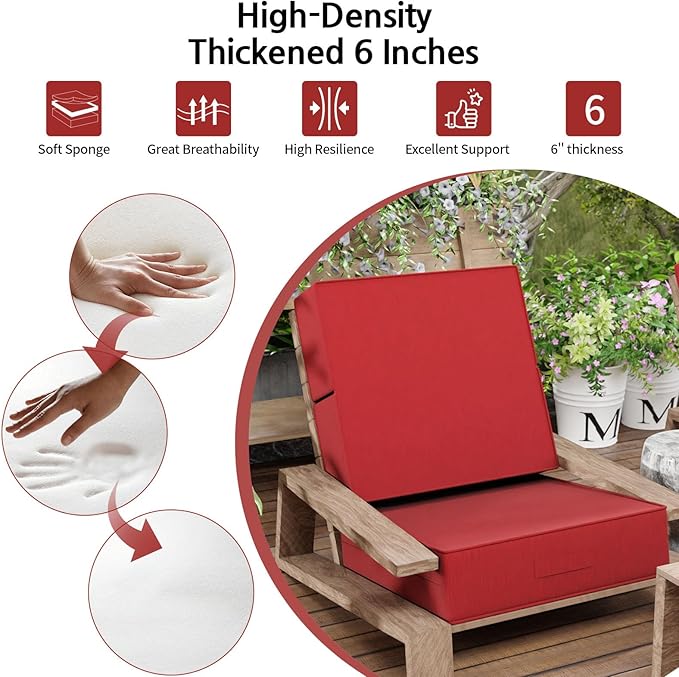 6 Inch Thick Foldable Deep Seat Cushion, 2 PCS 24 x 24 Inch Outdoor Water & Fade Resistant Olefin Patio Furniture Replacement Chair Cushion, with Removable Cover, Handle and Straps, Red