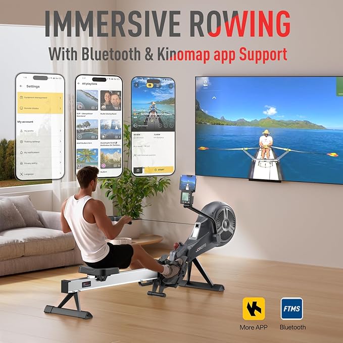 JOROTO Rowing Machine for Home Foldable, Air Magnetic Rowing Machines with 10-Level Adjustable Resistance, Quiet Ergonomic Seat,Bluetooth App, Max 350LBS, Space-Saving Home Gym, Gray