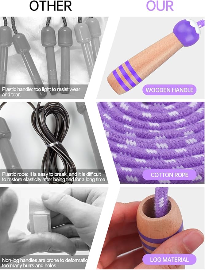 Lorvain Jump Rope for Kids, Adjustable Kids Jump Ropes for Girls Boys Toddler Fitness, Cotton Skipping Rope with Wooden Handle for Outdoor Fun Activities Exercise