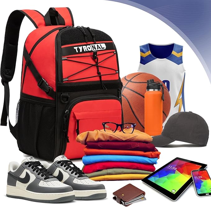 Basketball Bag Backpack with Ball Holder and Shoes Compartment,Best for Basketball, Soccer, Volleyball, Gym. (RED)