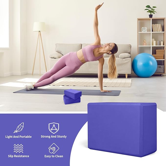 Yoga Block 2 Pack 9"x6"x3", Sturdy Yoga Foam Blocks, High Density & Non Slip Surface for Pilates & Stretching, Fitness Accessories for Stability & Balance