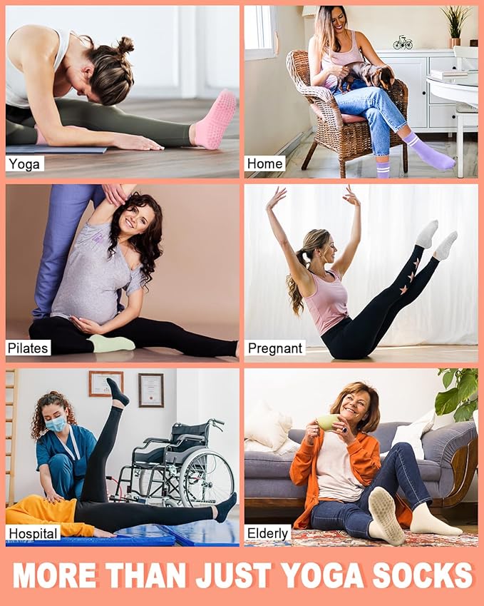 6 Pairs Grip Pilates Socks for Women, Non-slip Yoga Athletic Socks for Barre Ballet Barefoot Workout Hospital