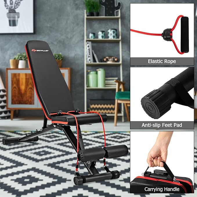Goplus Adjustable Utility Weight Bench, Multifunctional Dumbbell Bench w/High Elastic Ropes for Strength Training, Max Weight 330lbs, Foldable Flat/Incline/Decline Bench Press for Home Gym Weightlifting