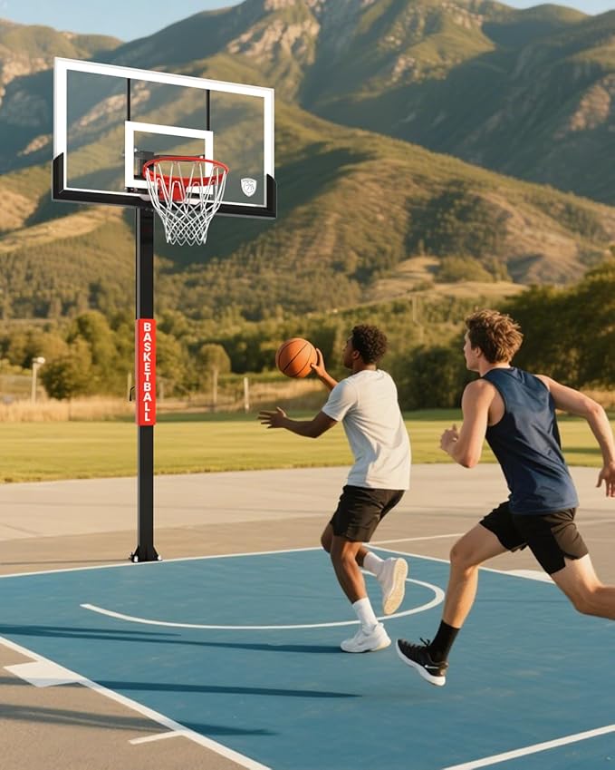 IGL In Ground Basketball Hoops, 54 Inch Tempered Glass Backboard Basketball Hoop Outdoor, 7.5-10 FT Height Adjustable Basketball Hoops & Goals System, Reinforced and Thickened Square Tube Iron Steel