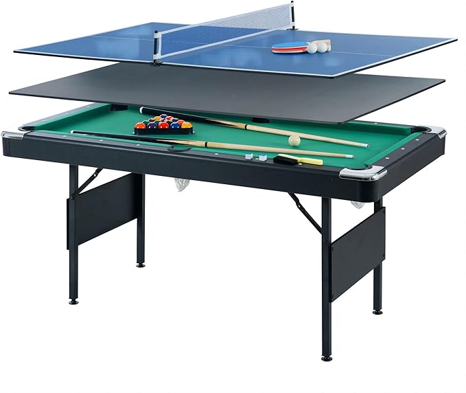 3 in 1 Billiard Table, 5.5 FT Folding Pool Table with Ping Pong Table and Dining Top, Multi Game Table Includes Billiard Accessories and Tennis Paddles for Family Game Room, Basements