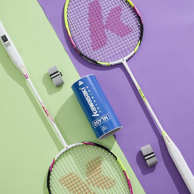 Kawasaki Badminton Rackets, Professional Graphite Shaft Badminton Set of 2 for Backyard, with 2 Lightweight Carbon Badminton Racquets/3 Badminton Shuttlecocks/2 Racquet Overgrips/1 Carry Bag