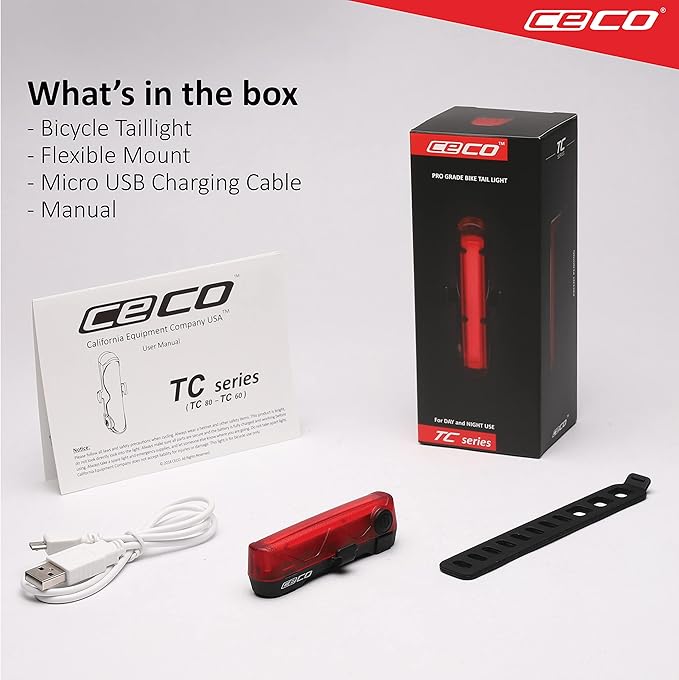 CECO-USA: 80 Lumen USB Rechargeable Bike Tail Light - Super Wide & Bright Model TC80 Bicycle Rear Light - IP67 Waterproof, FL-1 Impact Resistant - COB LED Red Safety Light - Pro Grade Bike Tail Light