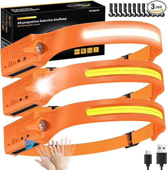 Headlamp 3PCS, 230° Wide Beam Head Lamp, Motion Sensor LED Headlamp Rechargeable, 6Mode Headlamps for Adults, Bright Head Lights for Forehead, Camping Essentials Gear (Orange)