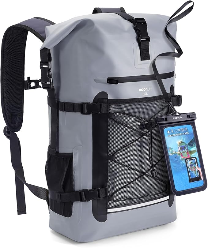 ECOHUB Waterproof Backpack for Women Men, 30L Roll-Top Closure Heavy Duty Dry Bag for Travel with IPX8 Waterproof Phone Case
