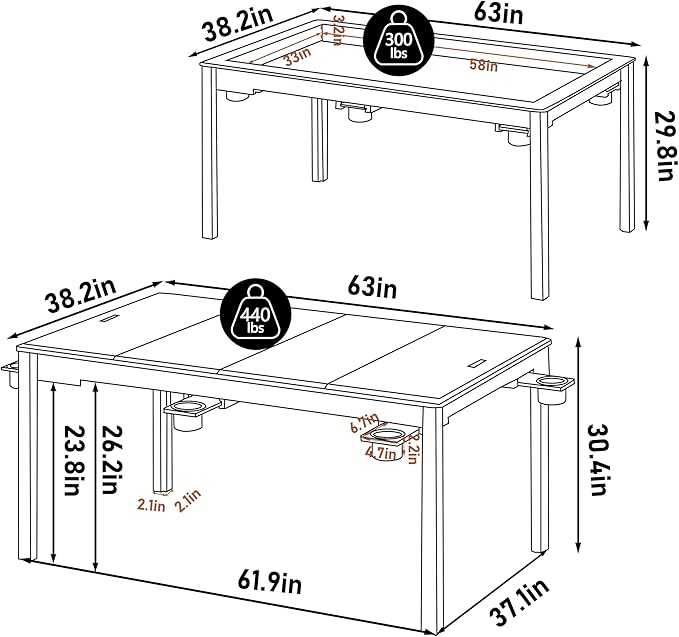 MUPATER Solid Wood Board Game Table with 58” x 33” Gaming Space and Removable Table Top, Modular Game and Dining Table for Adults, Includes Cup Holders and Leatherette Play Mat