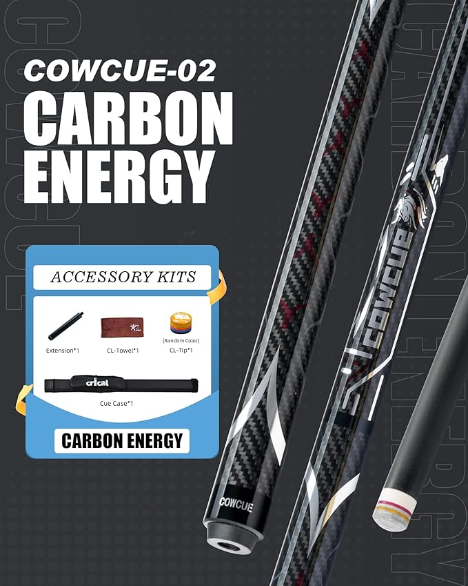 CRICAL Carbon Fiber Pool Cue COWCUE Series Low Deflection Billiards Cue Stick 58" Professional Pool Table Sticks for Adults -12.5mm Tip, Weight 19OZ (Adjustable), 3/8 * 8 Joint